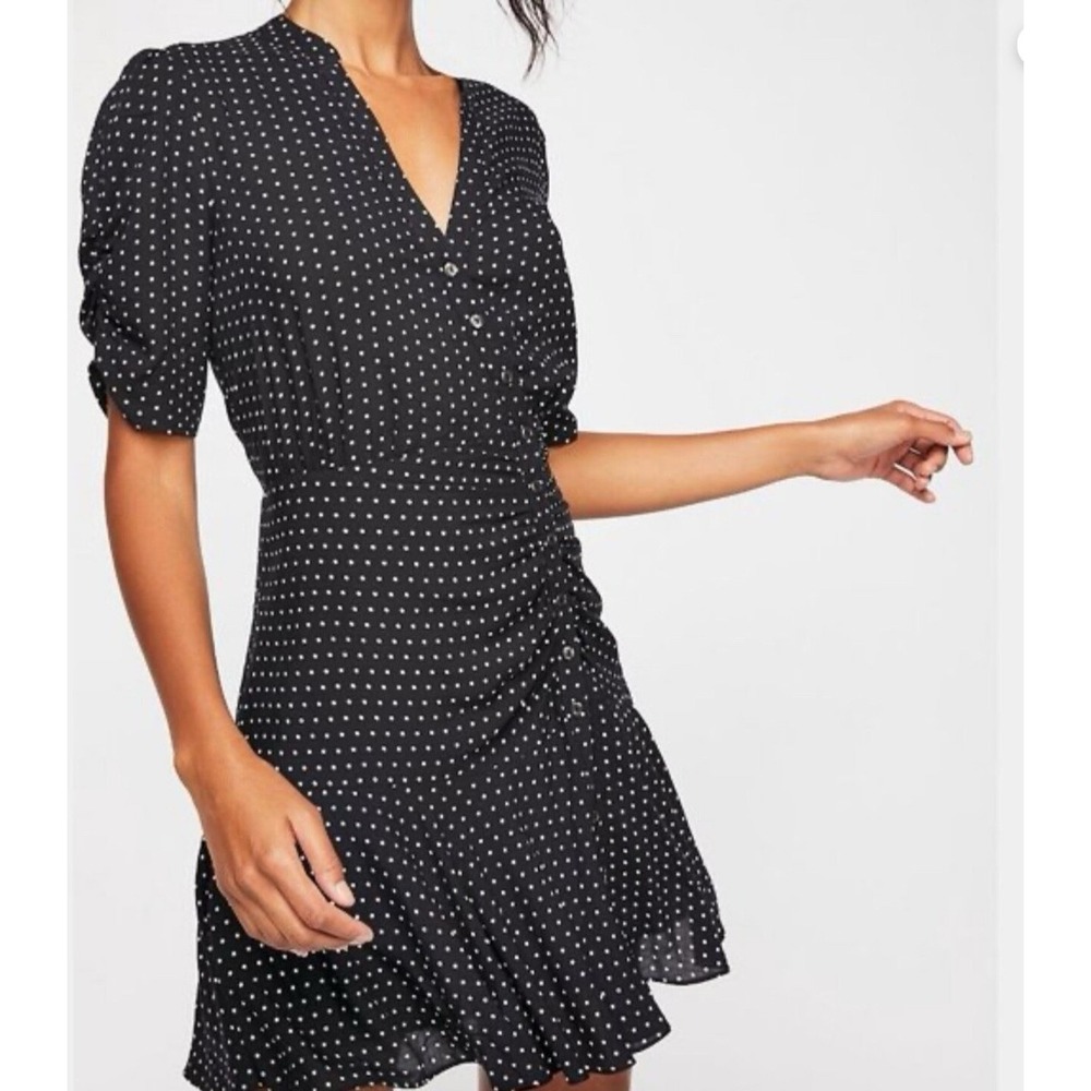 Free People Pippa Short Sleeve Dress Polka Dot in Black Size S Twee Romantic